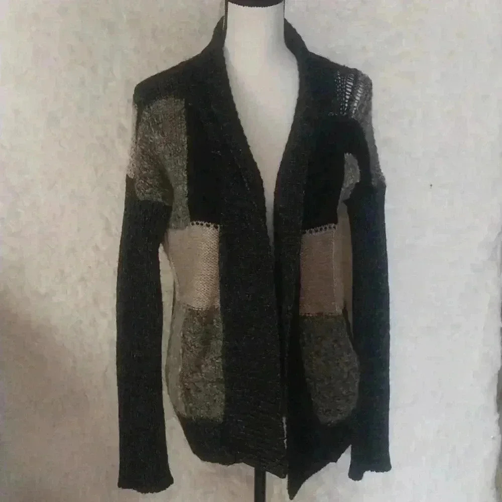 Marystyle Cardigan Sweater Knit Colorblock Italy Large Wool Alpaca Mohair Blend